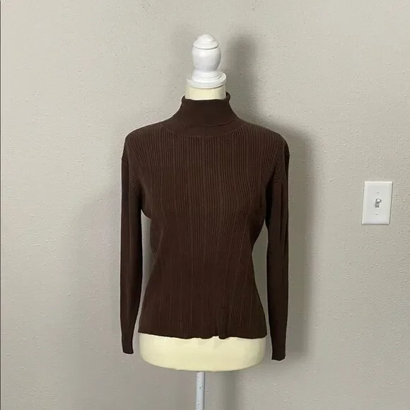Louben 100% Silk Classic Ribbed Turtleneck Sweater Brown Women's Size M - Picture 8 of 10